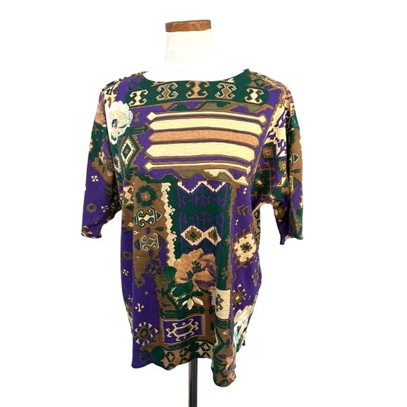 Vintage 80s 90s Abstract Tribal Print Oversized Tee Purple Gold Graphic XL AOP - Picture 7 of 10
